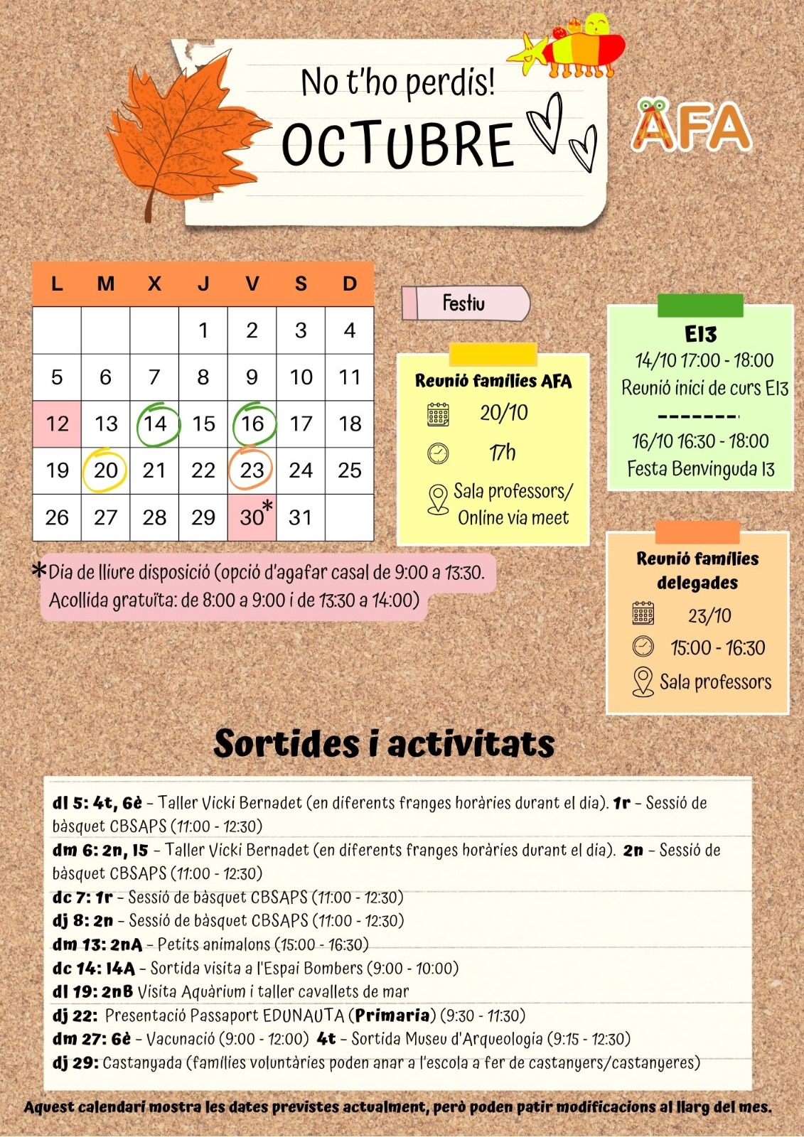 Calendari activitats octubre 2026